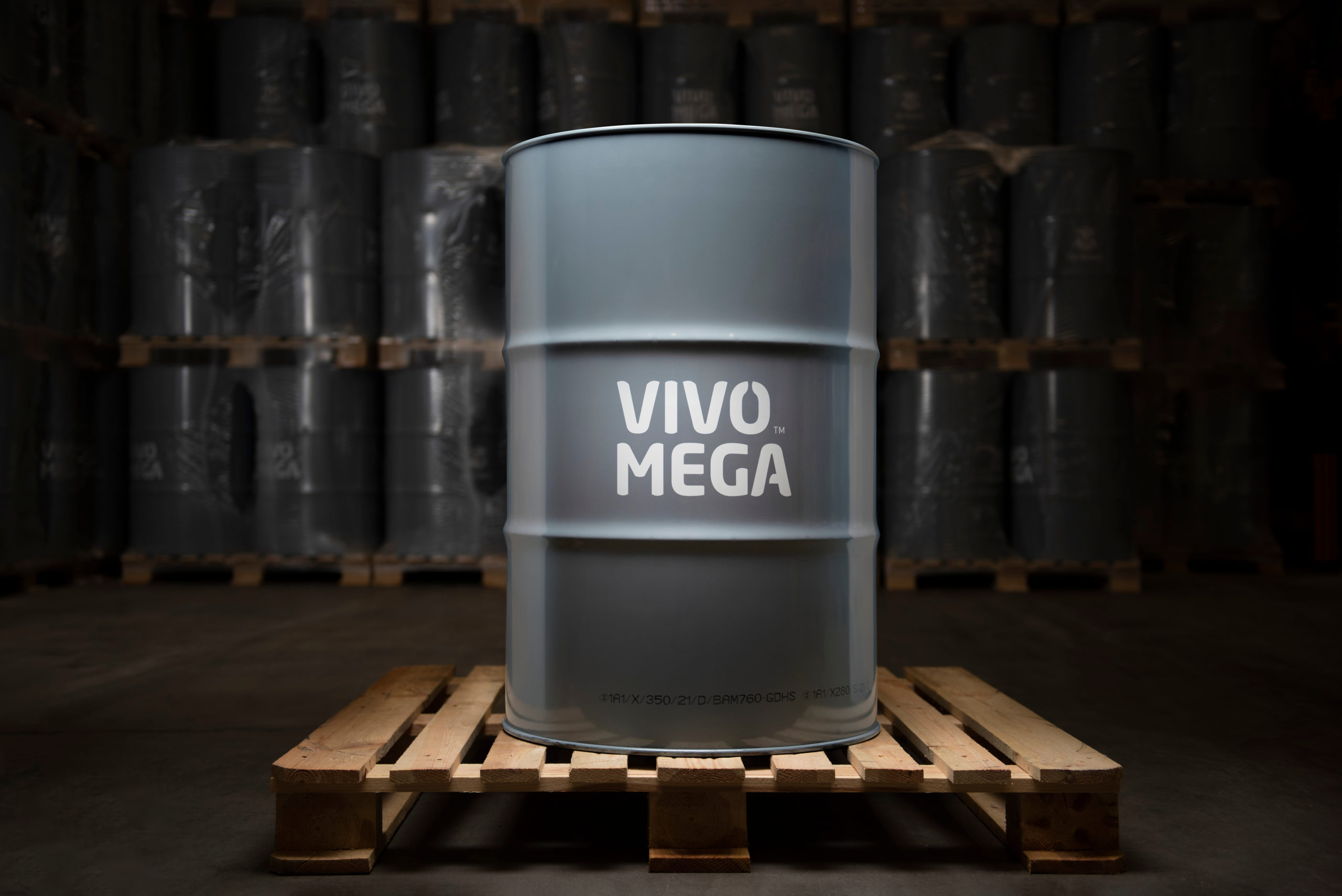 Oil barrel with VivoMega logo